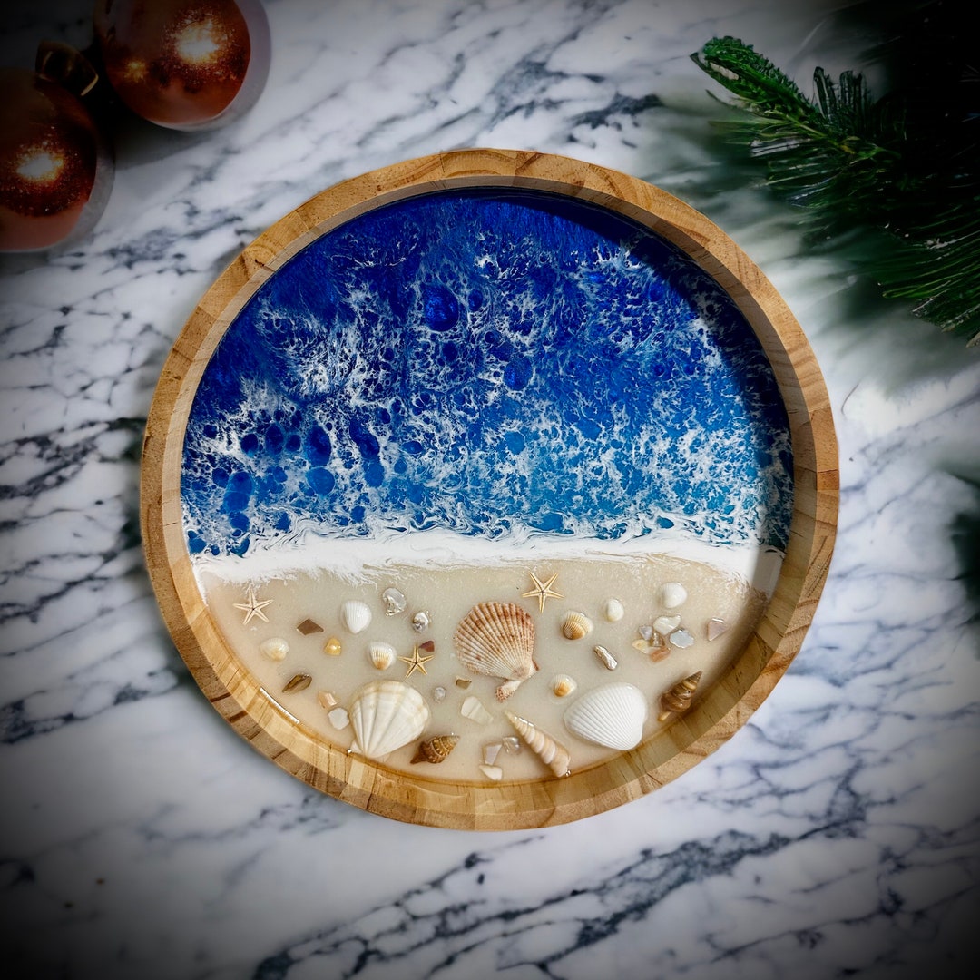 Resin Wooden Ocean Tray With Real Seashells, Sea Sand Ocean Resin Art