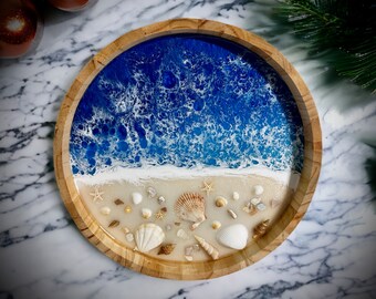 Resin Wooden ocean tray with real seashells, sea sand - ocean resin art bath tub tray, original art, accent for living roomGifts Under 20