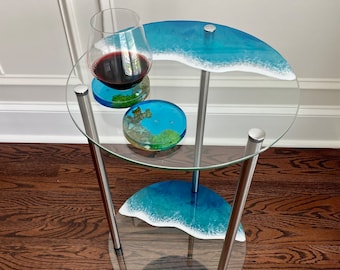 Epoxy Resin Ocean Side Table - Handmade Glass Accent Furniture