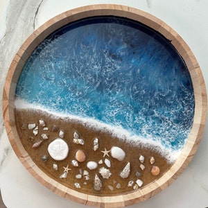 Resin Wooden ocean tray with real seashells, sea sand ocean resin art bath tub tray, original art, accent for living roomGifts Under 20 image 8