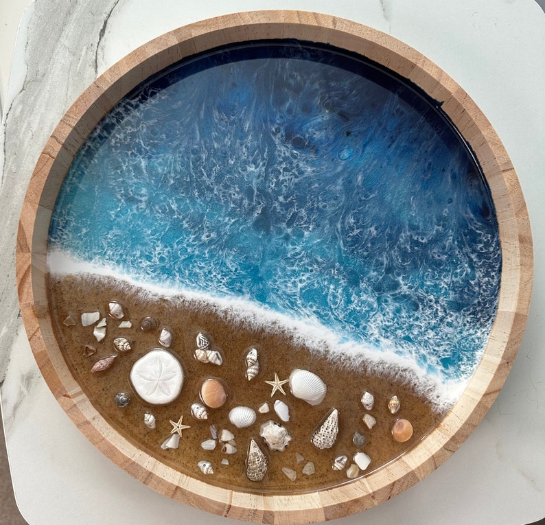 Resin Wooden ocean tray with real seashells, sea sand ocean resin art bath tub tray, original art, accent for living roomGifts Under 20 image 8