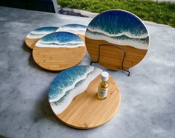 Epoxy Resin Ocean Wave Lazy Susan: Bamboo or Acacia Wood Serving Board