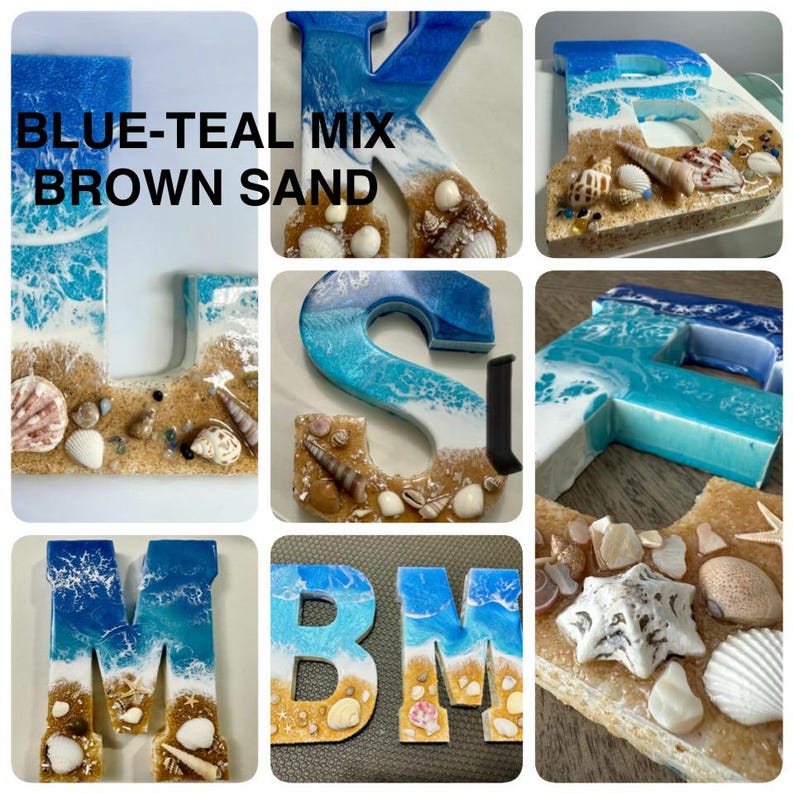 May include: Resin letters in blue, teal, and white, resembling ocean waves over brown sand, adorned with seashells. The letters include "J", "K", "E", "S", "M", and "BM". The text "BLUE-TEAL MIX BROWN SAND" is also present.