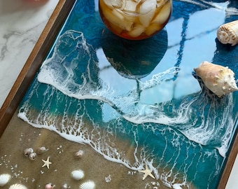 Personalized Ocean Resin Tray with Real Seashells, Acacia Wood