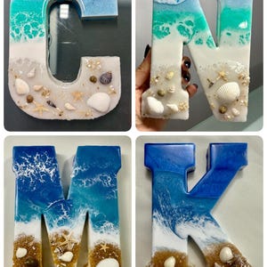 May include: Resin letters C, N, M, and K, each with a unique beach-themed design. The letters feature blue, green, and white resin, resembling ocean waves and sand. Adorned with seashells and starfish, these decorative letters are perfect for coastal decor.