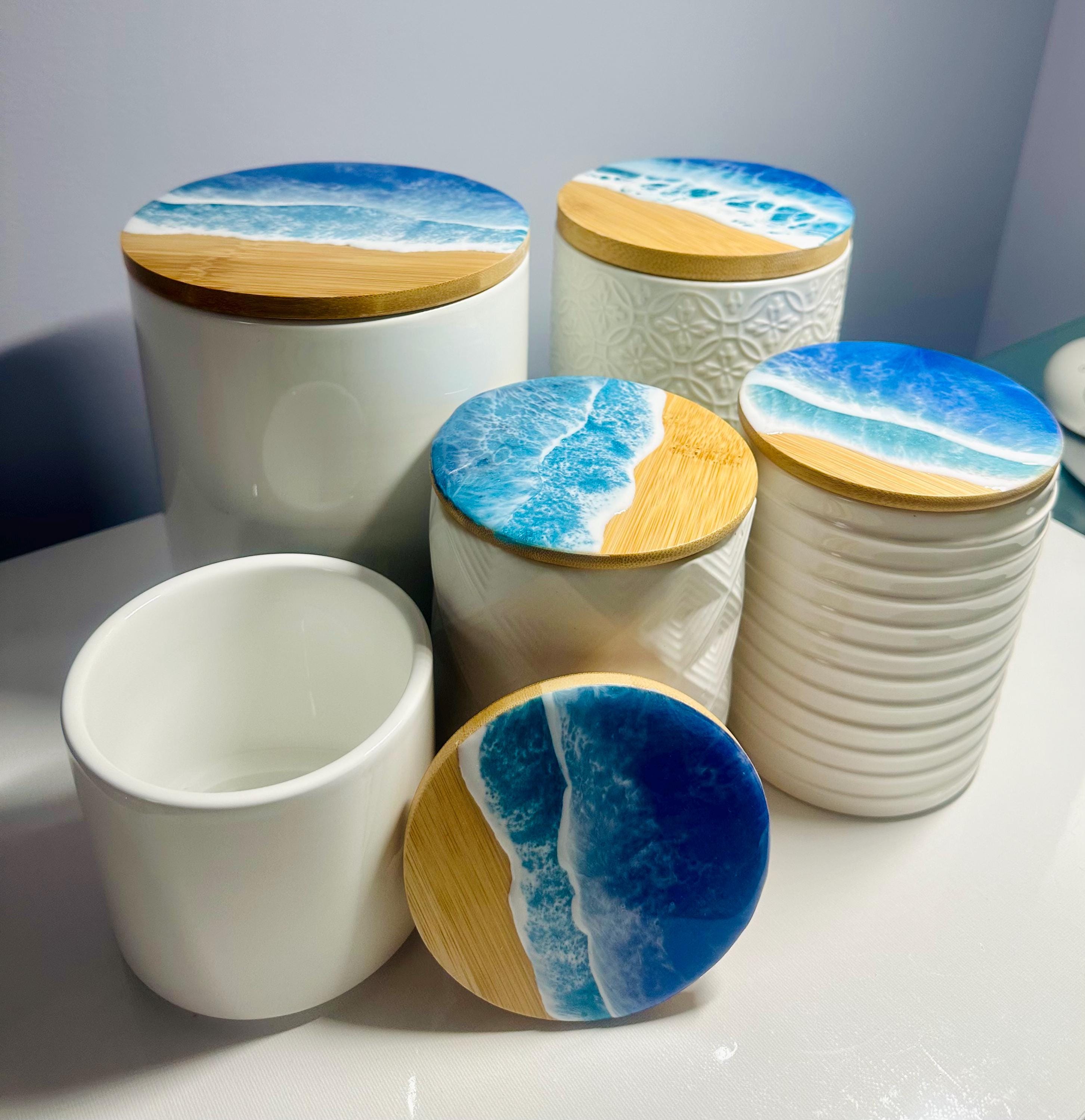 Ocean Resin Art Canister with Lid: Beach Wave Decor