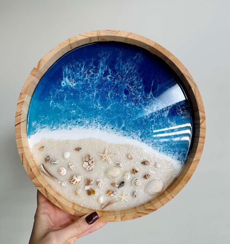 Resin Wooden ocean tray with real seashells, sea sand ocean resin art bath tub tray, original art, accent for living roomGifts Under 20 image 1