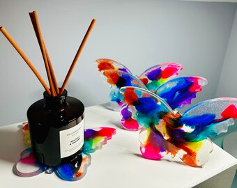 Rainbow Butterfly Resin Coaster Set - Unique Home Decor - Epoxy Barware Gift - Alcohol ink resin Art - Cute personalized coasters for her