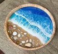 Resin Wooden ocean tray with real seashells, sea sand - ocean resin art bath tub tray, original art, accent for living roomGifts Under 20