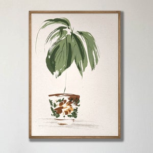 May include: A framed print of a stylized green plant in a brown and yellow patterned pot on a white background.