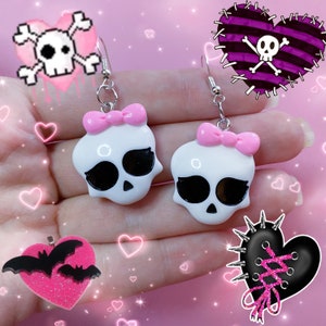Monster Ghouls Girly Skull Drop Earrings Necklace and Keychain Emo 2000s Teens Scene Bow Goth Grunge Pink Nostalgic Rocker Rockstar Punk