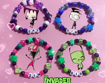 Invader Zim Beaded Kandi Bracelets Zim Gir Dib Gaz Y2K 2000s Nostalgic Kidcore Nickelodeon mall goth scene kid