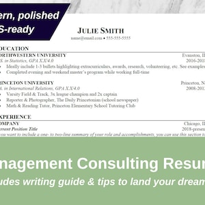 May include: A resume template with the title "Management Consulting Resume" and the text "Includes writing guide & tips to land your dream job". The resume is designed to be modern, polished, and ATS-ready.