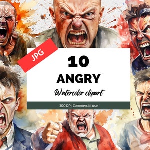 Watercolor angry clipart, 10 High quality JPGs, Commercial use, Instant download, Anger management class, Angry people graphic illustrations