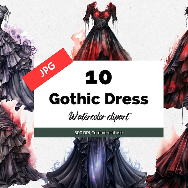 Watercolor gothic dress clipart, 10 High quality JPGs, Commercial use, Instant download, Gothic fashion, Gothic gown, Halloween, Fantasy