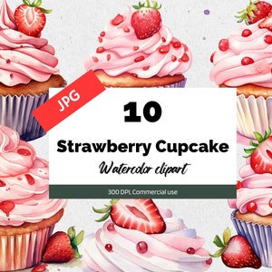 Strawberry cupcake clipart, 10 High quality JPGs, Commercial use, Instant download, Dessert bakery clip art, Card making, Birthday invites