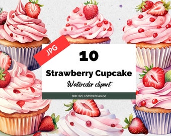 Clipart de cupcake de morango, 10 JPGs de alta qualidade, uso comercial, download instantâneo, clipart de padaria de sobremesa, confecção de cartões, convites de aniversário