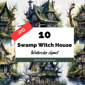 Watercolor swamp witch house clipart, 10 High quality JPGs, Commercial use, Instant download, haunted house, home, witches, fantasy graphics