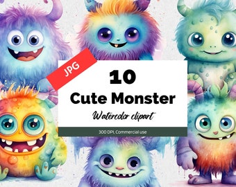 Watercolor cute monster clipart, 10 High quality JPGs, Commercial use, Instant download, Kid's room decor, Nursery wall art, Party invites