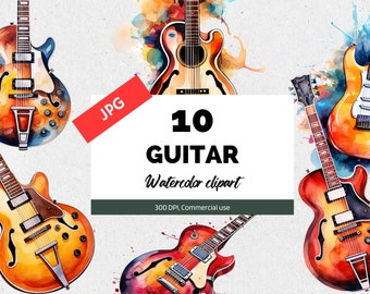 Watercolor guitar clipart, 10 High quality JPGs, Commercial use, Instant download, Guitars, Musical instrument, Rock stars, Music, Musician