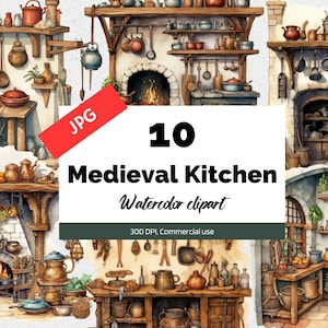 May include: Ten watercolour illustrations of medieval kitchens with various details, including fireplaces, shelves, pots, pans, and other kitchen utensils. The illustrations are in a vintage style and are perfect for adding a touch of history to your projects.