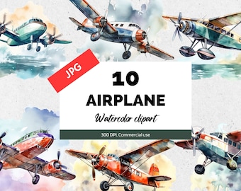 Watercolor airplane clipart, 10 High quality JPGs, Commercial use, Instant download, Airplane design graphics, Pilot clip art, Card making