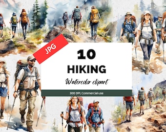 Watercolor hiking clipart, 10 High quality JPGs, Commercial license, Instant download, Card making, Hikers, Hike, Mountain, Exercise, Nature