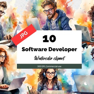 Könnte beinhalten: Ein Set mit 10 Aquarell-Illustrationen von Softwareentwicklern, die an Laptops arbeiten. Die Illustrationen sind in einem farbenfrohen Stil gehalten und zeigen Personen unterschiedlichen Geschlechts und ethnischer Zugehörigkeit. Der Text "10 Software Developer Watercolor clipart" wird in der Mitte des Bildes angezeigt.