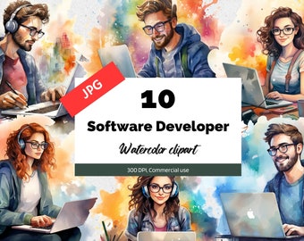Clipart pour développeur de logiciels aquarelle, 10 fichiers JPG de haute qualité, Utilisation commerciale, Téléchargement instantané, Programmeur informatique, Informatique, Codage