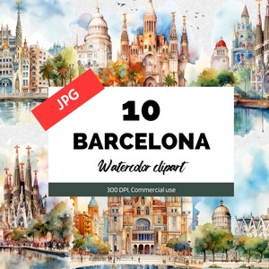 Aquarel Barcelona clipart, 10 hoge kwaliteit JPG, commercieel gebruik, downloaden, Spanje reizen, vakantie, reizen, Europese stad, kaarten maken