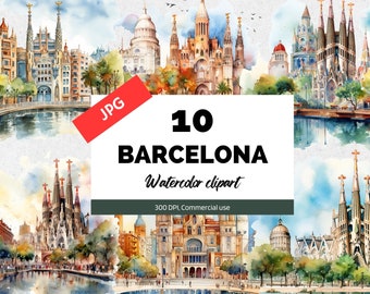 Watercolor Barcelona clipart, 10 High quality JPG, Commercial use, Download, Spain travel, Vacation, Travel, European city, Card making