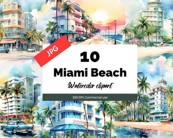 Watercolor Miami beach clipart, 10 High quality JPGs, Card making, Invitation card, Summer vacation cliparts, Commercial use, Download