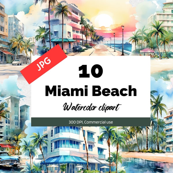 Watercolor Miami beach clipart, 10 High quality JPGs, Card making, Invitation card, Summer vacation cliparts, Commercial use, Download