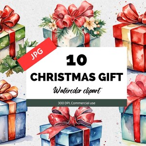 Aquarell Weihnachtsgeschenk Clipart, 10 hochwertige JPGs, kommerzielle Nutzung, Weihnachtsgeschenk, Kartenherstellung, Weihnachtsmann, Urlaub, xmas clip art