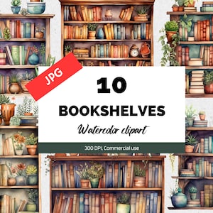 Watercolor bookshelf clipart, 10 High quality JPGs, Commercial use, Digital download, Digital paper craft, Scrapbooking, Bookshelves graphic