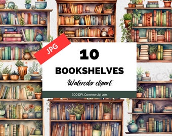 Watercolor bookshelf clipart, 10 High quality JPGs, Commercial use, Digital download, Digital paper craft, Scrapbooking, Bookshelves graphic