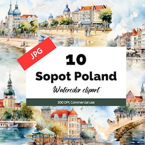 Clipart Sopot Polônia, 10 JPGs de alta qualidade, uso comercial, download instantâneo, criação de cartão, cartão comemorativo, cartão postal, viagem, férias, polonês