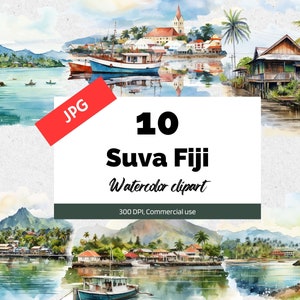 Clipart aquarela Suva Fiji, 10 JPGs de alta qualidade, uso comercial, download instantâneo, viagens, férias, feriados, turismo, cartões comemorativos