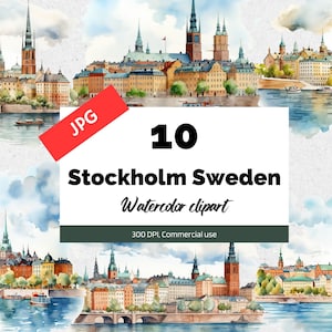 Watercolor Stockholm Sweden clipart, 10 High quality JPGs, Commercial use, Instant download, Greeting cards, Card making, Cityscape, Cities