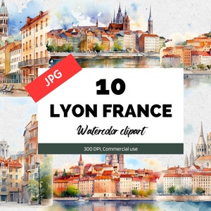 May include: A set of 10 watercolor illustrations of Lyon, France. The illustrations depict various buildings and landmarks in the city, including the Basilica of Notre-Dame de Fourvière, the Place Bellecour, and the Rhône River. The illustrations are painted in a soft, romantic style, with a focus on the city's architecture and atmosphere.