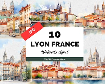 Lyon France clipart, 10 High quality JPG, Commercial use, Instant download, French city, Travel, Vacation, Cityscape, Card making, trip