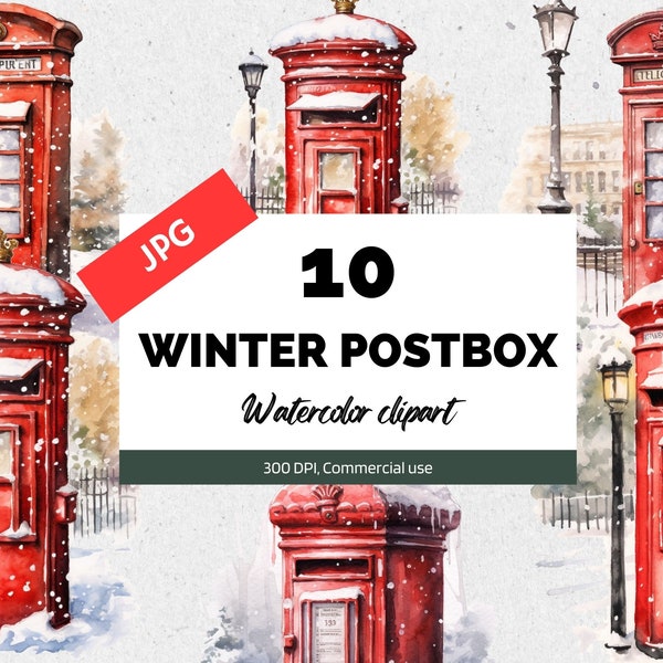 Watercolor winter postbox clipart, 10 High quality JPGs, Commercial use, Instant download, Snowy post box, Mixed media, Digital paper craft