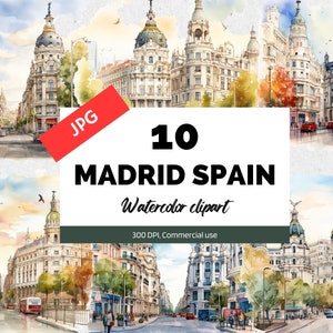 Watercolor Madrid, Spain clipart, 10 High quality JPGs, Commercial use, Instant download, Cities, Cityscape, Spanish, Card making craft