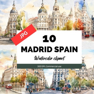 Aquarel Madrid, Spanje clipart, 10 hoge kwaliteit JPG's, Commercieel gebruik, Instant download, Steden, Stadsgezicht, Spaans, Kaart maken ambacht
