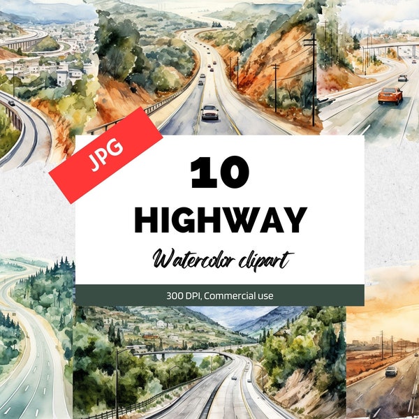Watercolor highway clipart, 10 High quality JPGs, Commercial use, Instant download, Outdoor, Traveler, Road trip, Summer, Driving, Cars