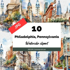 Acuarela Filadelfia Pensilvania, 10 JPG de alta calidad, Uso comercial, Descarga instantánea, Filadelfia, Ciudad, Paisaje urbano, América, EE.UU., Viajes