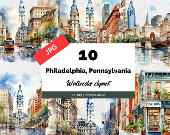 Aquarell Philadelphia Pennsylvania, 10 hochwertige JPGs, kommerzielle Nutzung, Sofort download, Philly, Stadt, Stadtansicht, Amerika, USA, Reisen