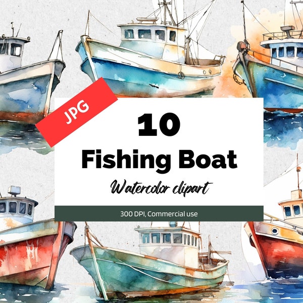 Watercolor fishing boat clipart, 10 High quality JPGs, Commercial use, Instant download, Card making, Digital paper craft, Mixed medias