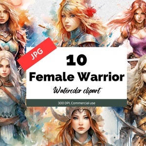 Watercolor female warrior clipart, 10 High quality JPGs, Woman warrior, Fantasy clip art, Commercial use, Instant download, Sublimation