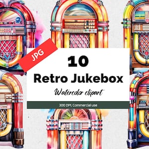 Op de afbeelding: Tien aquarel illustraties van vintage jukeboxes in verschillende kleuren, waaronder rood, geel, blauw en groen. Elke jukebox heeft een uniek ontwerp en heeft een klassieke retro stijl.